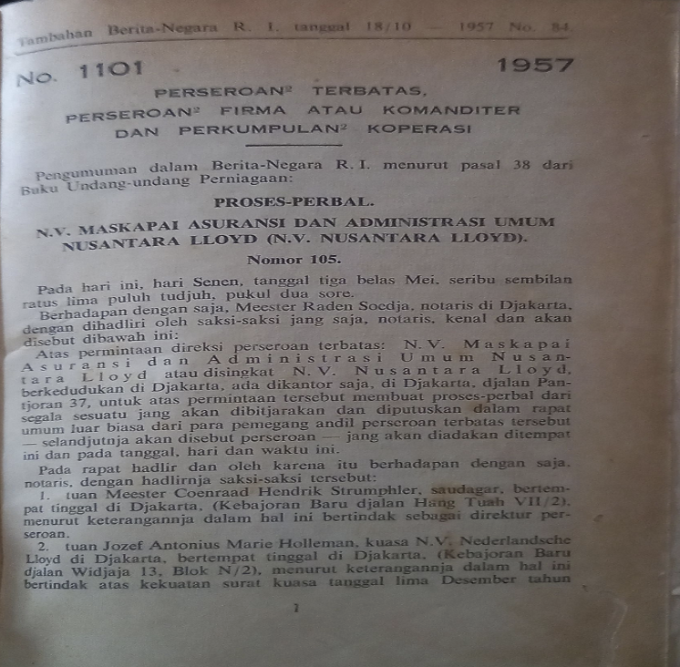 Cover Tambahan Berita Negara R.I. 1957 No. 84. Perseroan Terbatas, Perseroan Firma atau Komanditer dan Perkumpulan Koperasi