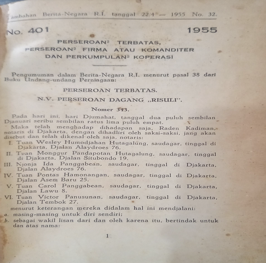 Cover Tambahan Berita Negara R.I 1955  Nr. 32-42. Perseroan Terbatas, Perseroan Firma atau Komanditer dan Perkumpulan Koperasi