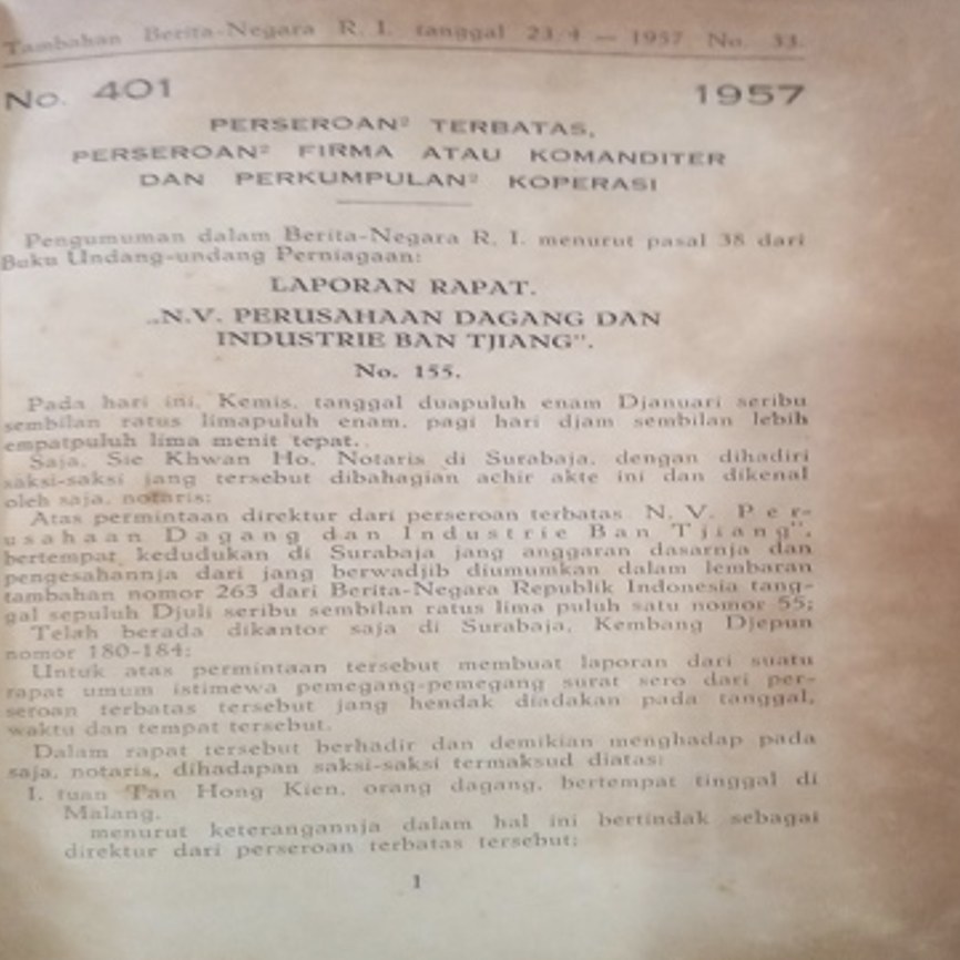 Cover Tambahan Berita Negara R.I 1957  Nr. 33-48. Perseroan Terbatas, Perseroan Firma atau Komanditer dan Perkumpulan Koperasi