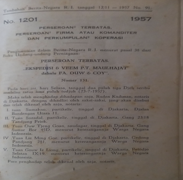 Cover Tambahan Berita Negara R.I. 1957 No. 91. Perseroan Terbatas, Perseroan Firma atau Komanditer dan Perkumpulan Koperasi
