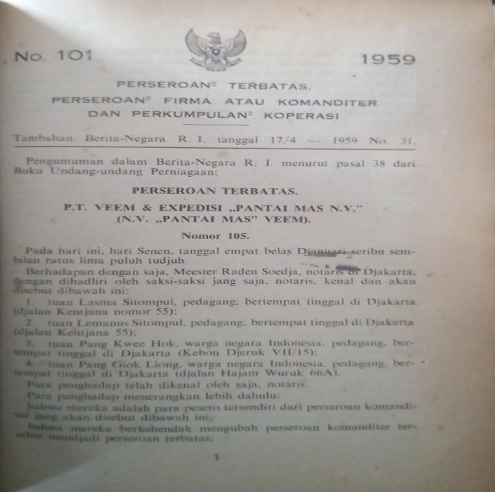 Cover Tambahan Berita Negara R.I. 1959 No. 31. Perseroan Terbatas, Perseroan Firma atau Komanditer dan Perkumpulan Koperasi