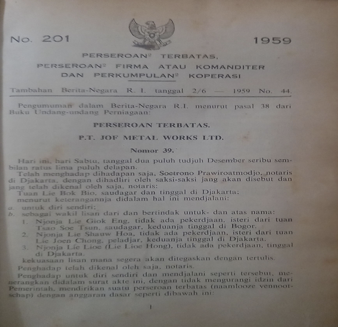 Cover Tambahan Berita Negara R.I. 1959 No. 44. Perseroan Terbatas, Perseroan Firma atau Komanditer dan Perkumpulan Koperasi