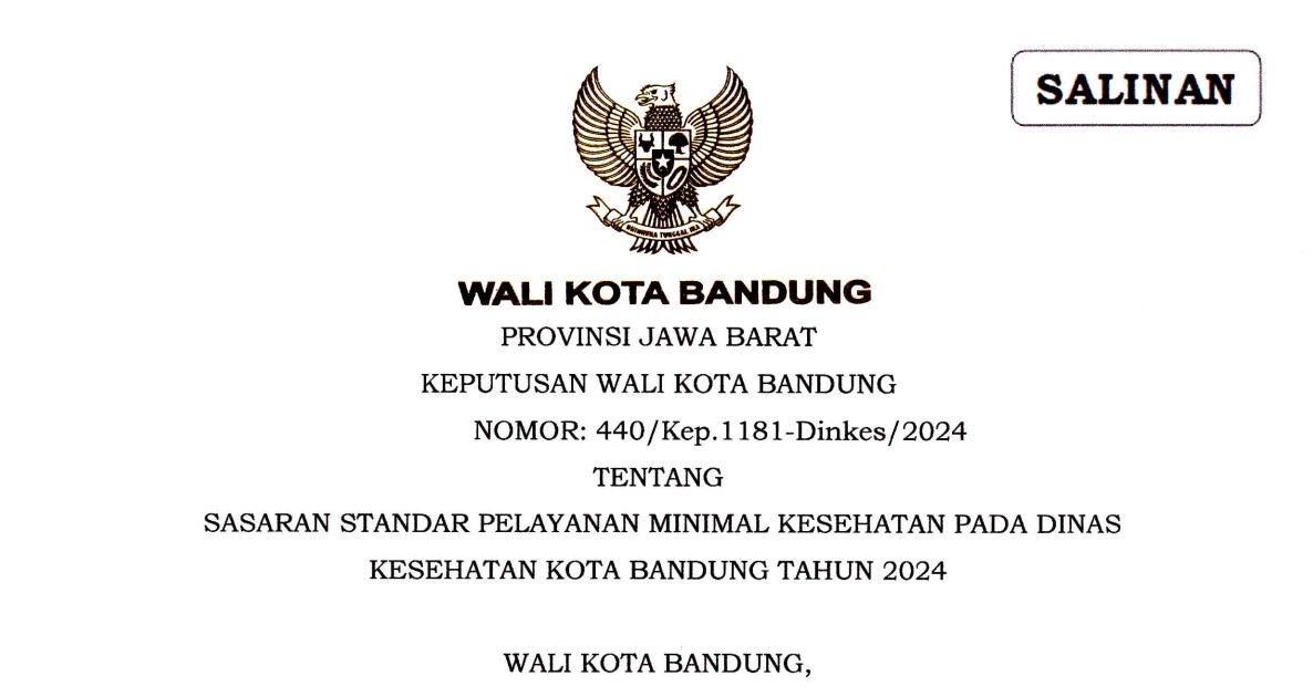 Cover Keputusan Wali Kota Bandung Nomor 440/Kep.1181-Dinkes/2024 tentang Sasaran Standar Pelayanan Minimal Kesehatan Pada Dinas Kesehatan Kota Bandung Tahun 2024