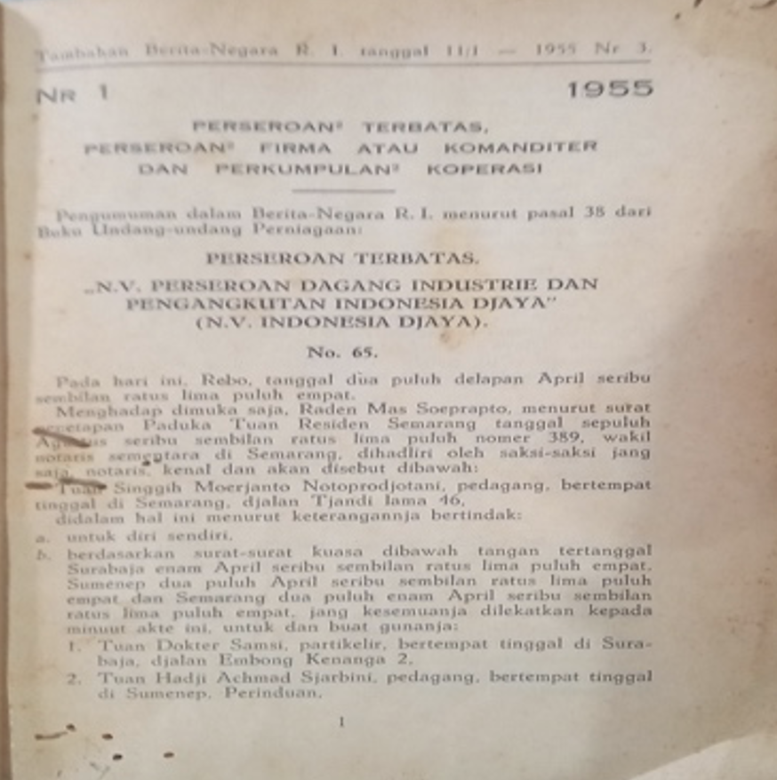 Cover Tambahan Berita Negara R.I 1955  Nr. 3-9. Perseroan Terbatas, Perseroan Firma atau Komanditer dan Perkumpulan Koperasi