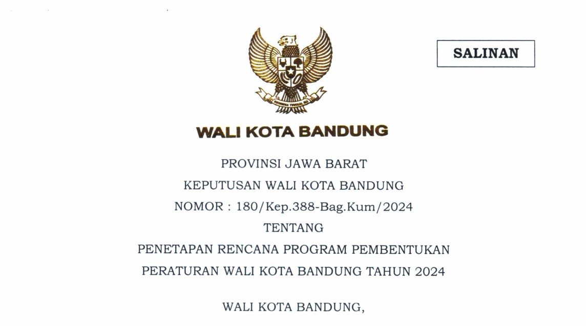 Cover Keputusan Wali Kota Bandung Nomor 180/Kep.388-Bag-Kum/2024 tentang Penetapan Rencana Program Pembentukan Peraturan Wali Kota Bandung Tahun 2024