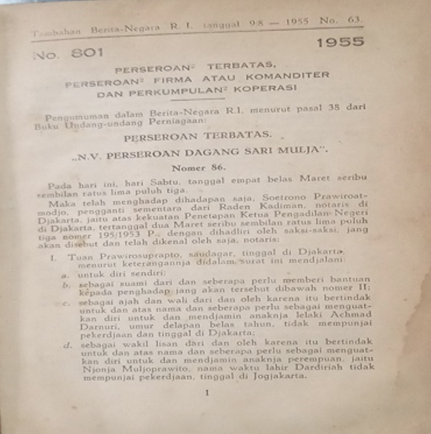 Cover Tambahan Berita Negara R.I 1955  Nr. 63-68. Perseroan Terbatas, Perseroan Firma atau Komanditer dan Perkumpulan Koperasi