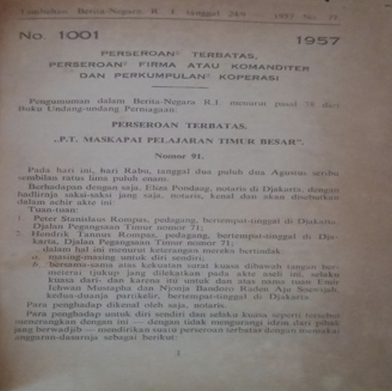 Cover Tambahan Berita Negara R.I 1957  Nr. 77-84. Perseroan Terbatas, Perseroan Firma atau Komanditer dan Perkumpulan Koperasi