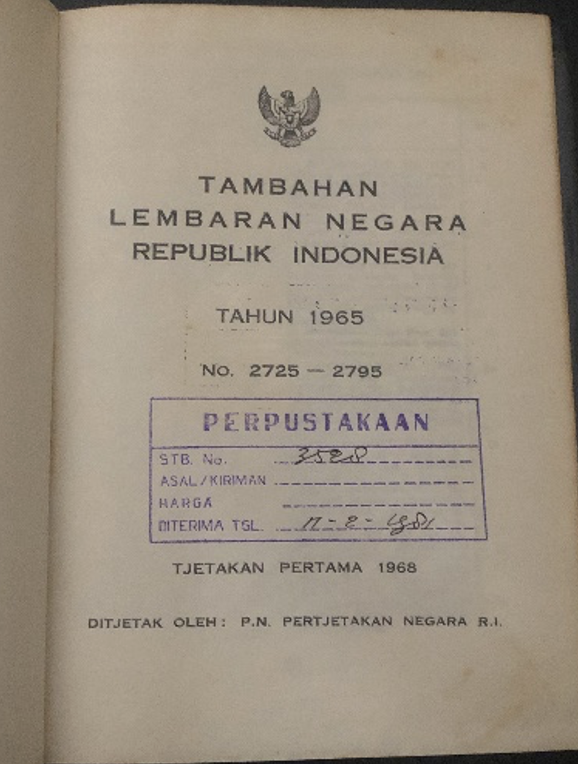 Cover Tambahan Lembaran Negara Republik Indonesia Tahun 1965 No. 2725-2795