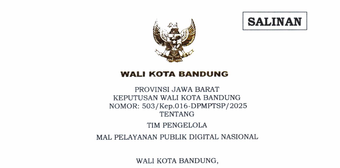 Cover Keputusan Wali Kota Bandung Nomor 503/Kep.016-DPMPTSP/2025 tentang Tim Pengelola Mal Pelayanan Publik Digital Nasional
