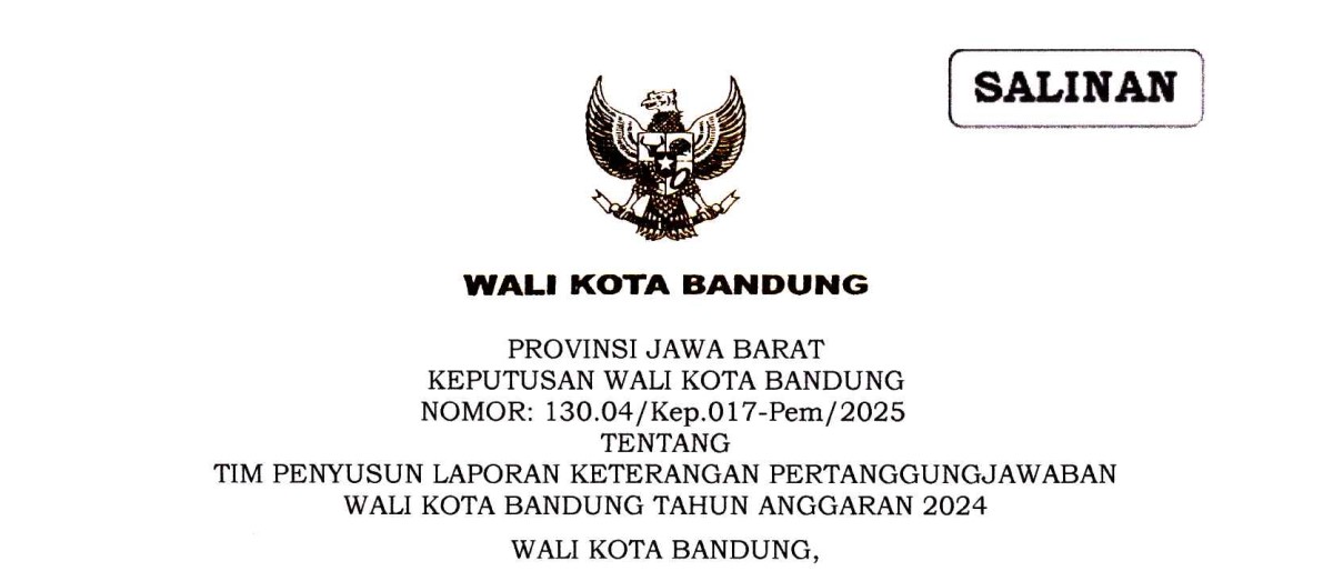 Cover Keputusan Wali Kota Bandung Nomor 130.04/Kep.017-Pem/2025 tentang Tim Penyusun Laporan Keterangan Pertanggungjawaban Wali Kota Bandung Tahun Anggaran 2024