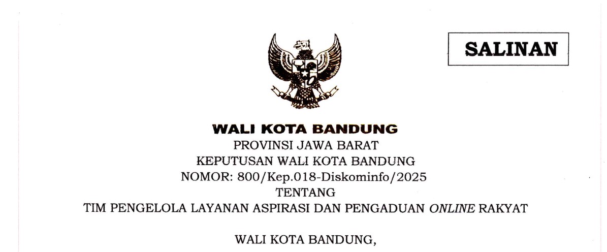 Cover Keputusan Wali Kota Bandung Nomor 800/Kep.018-Diskominfo/2024 tentang Tim Pengelola Layanan Aspirasi Dan Pengaduan Online Rakyat