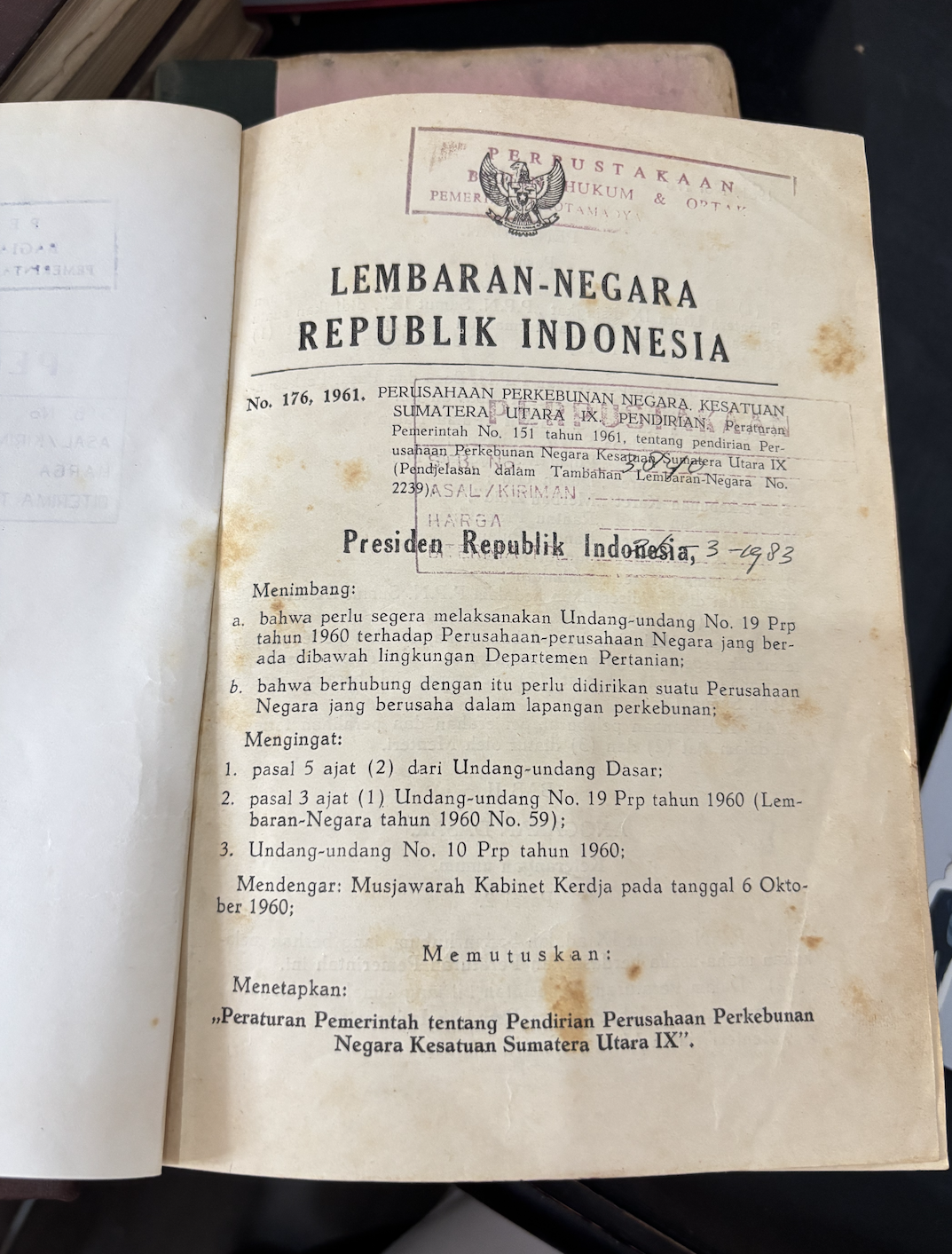 Cover Lembaran Negara Republik Indonesia Tahun 1961 No. 176-238