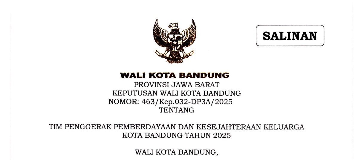 Cover Keputusan Wali Kota Bandung Nomor 463/Kep.032-DP3A/2025 tentang Tim Penggerak Pemberdayaan Dan Kesejahteraan Keluarga Kota Bandung Tahun 2025
