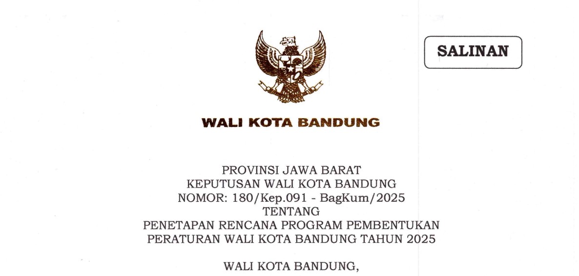 Cover Keputusan Wali Kota Bandung Nomor 180/Kep.091-BagKum/2025 tentang Penetapan Rencana Program Pembentukan Peraturan Wali Kota Bandung Tahun 2025