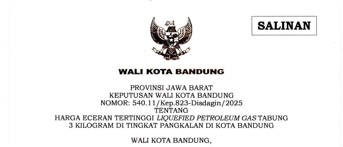 Cover Keputusan Wali Kota Bandung Nomor 540.11/Kep.823-Disdagin/2025 tentang Harga Eceran Tertinggi Liquefied Petroleum Gas Tabung 3 Kilogram Di Tingkat Pangkalan Di Kota Bandung