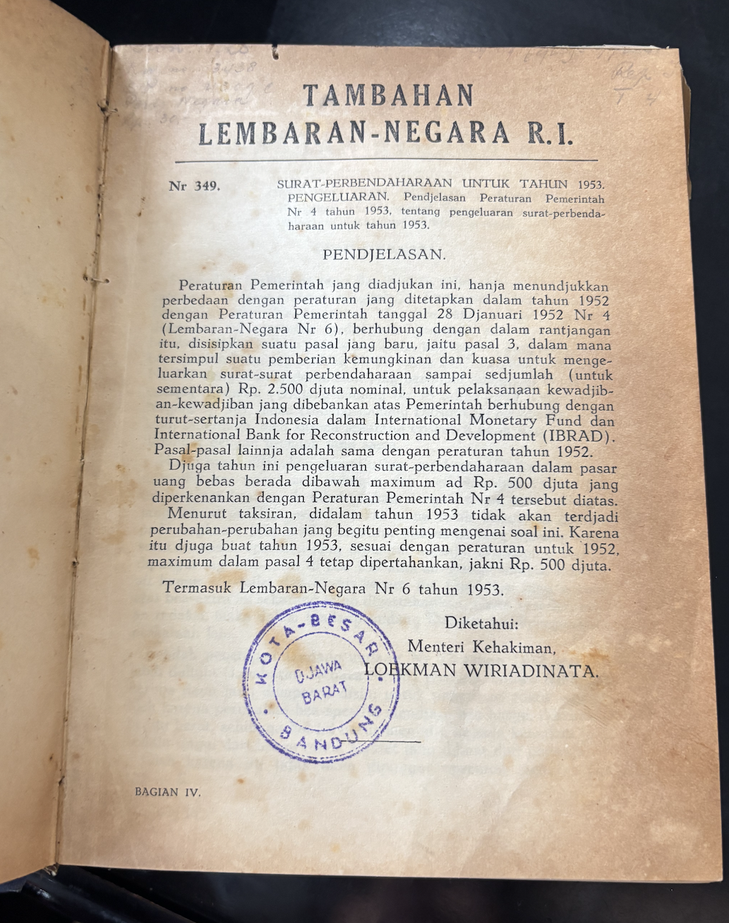 Cover Tambahan Lembaran Negara Republik Indonesia Tahun 1953 No. 349-491