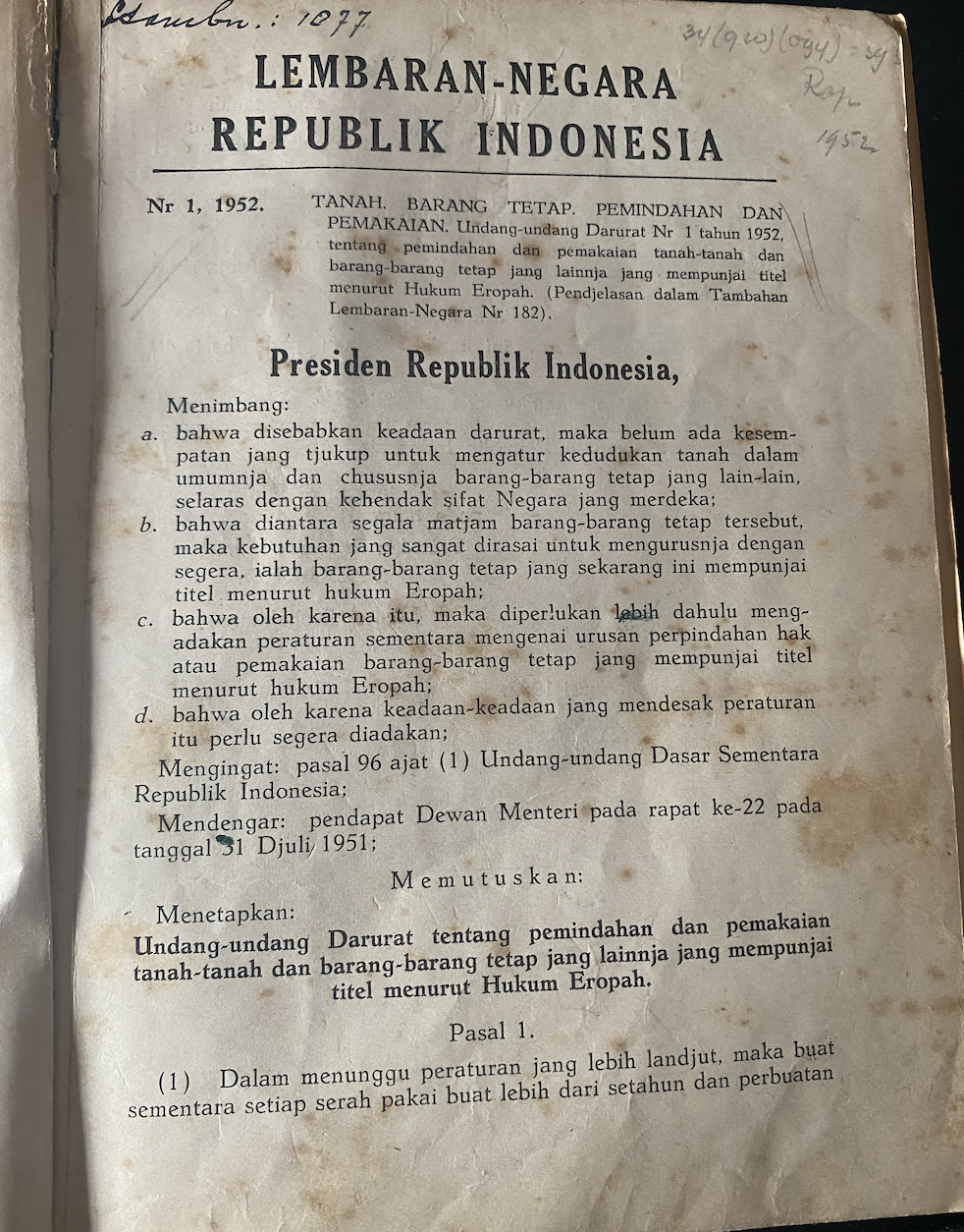 Cover Tambahan Lembaran Negara Republik Indonesia Tahun 1952 No. 1-90