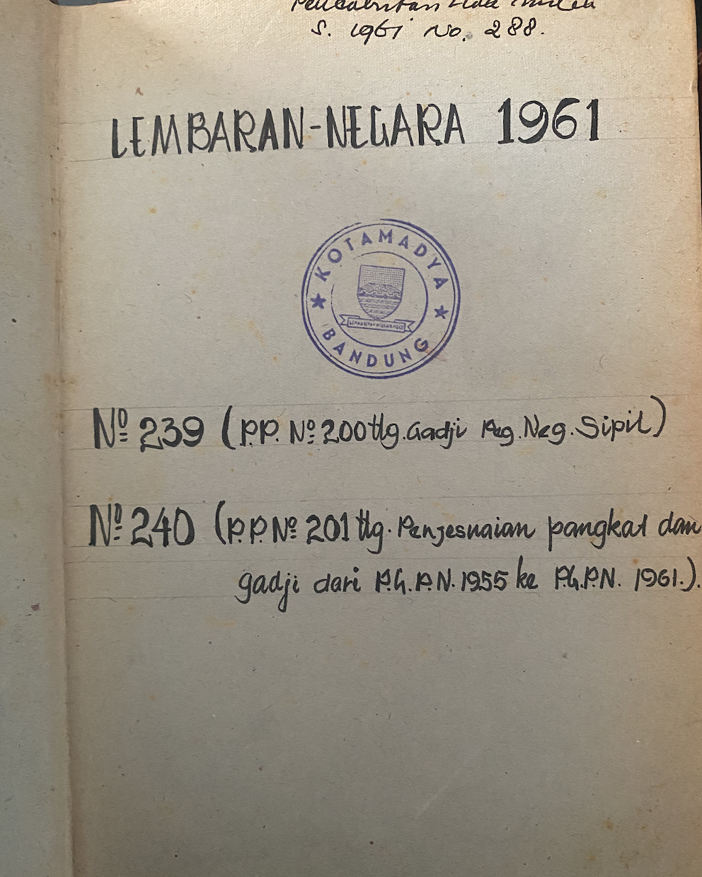 Cover Lembaran Negara Republik Indonesia Tahun 1961 No. 239-240