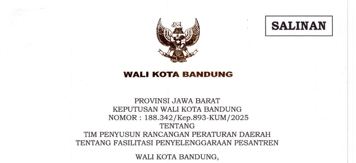Cover Keputusan Wali Kota Bandung Nomor 188.342/Kep.893-KUM/2025 tentang Tim Penyusun Rancangan Peraturan Daerah Tentang Fasilitasi Penyelenggaraan Pesantren