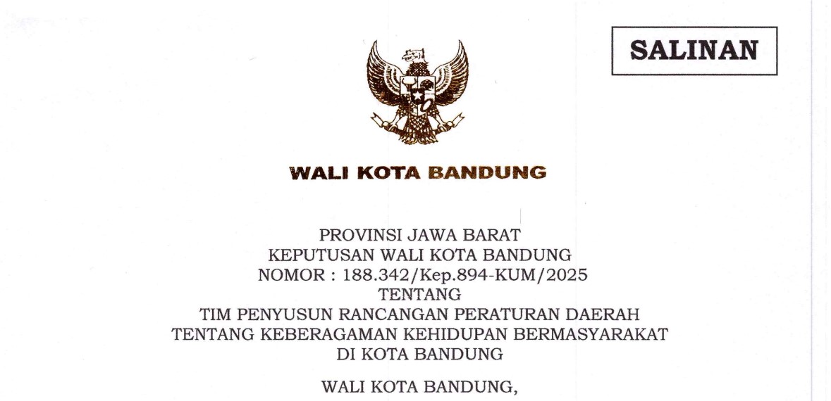 Cover Keputusan Wali Kota Bandung Nomor 188.342/Kep.894-KUM/2025 tentang Tim Penyusun Rancangan Peraturan Daerah Tentang Keberagaman Kehidupan Bermasyarakat Di Kota Bandung