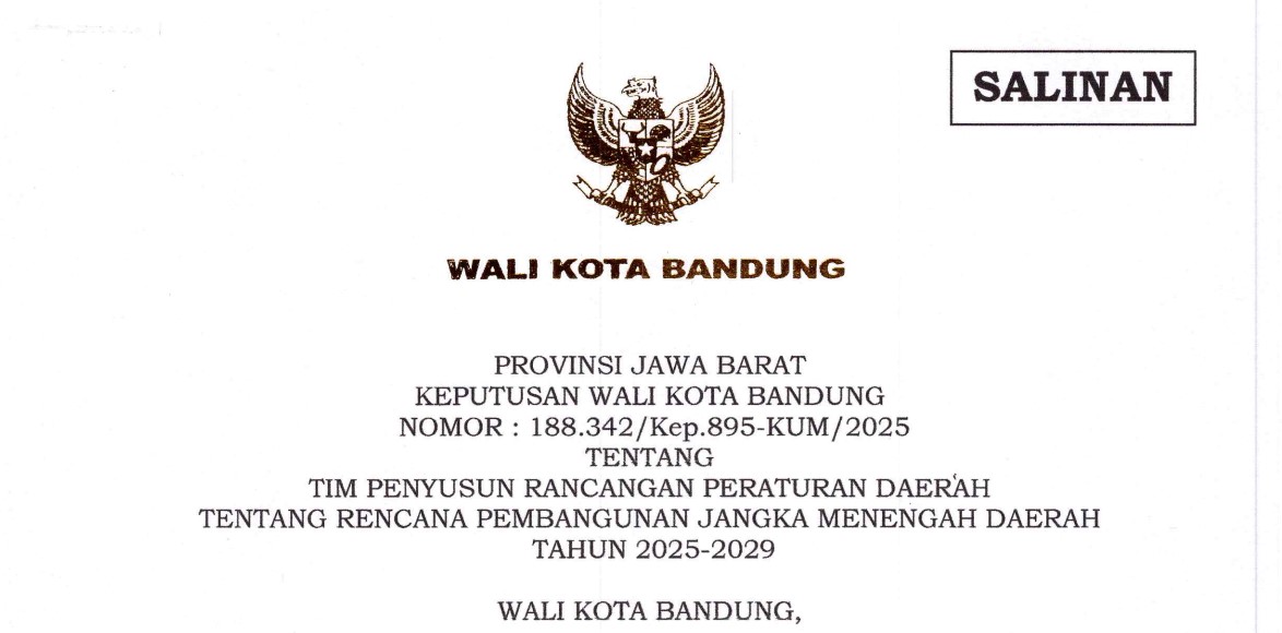 Cover Keputusan Wali Kota Bandung Nomor 188.342/Kep.895-KUM/2025 tentang Tim Penyusun Rancangan Peraturan Daerah Tentang Rencana Pembangunan Jangka Menengah Daerah Tahun 2025-2029