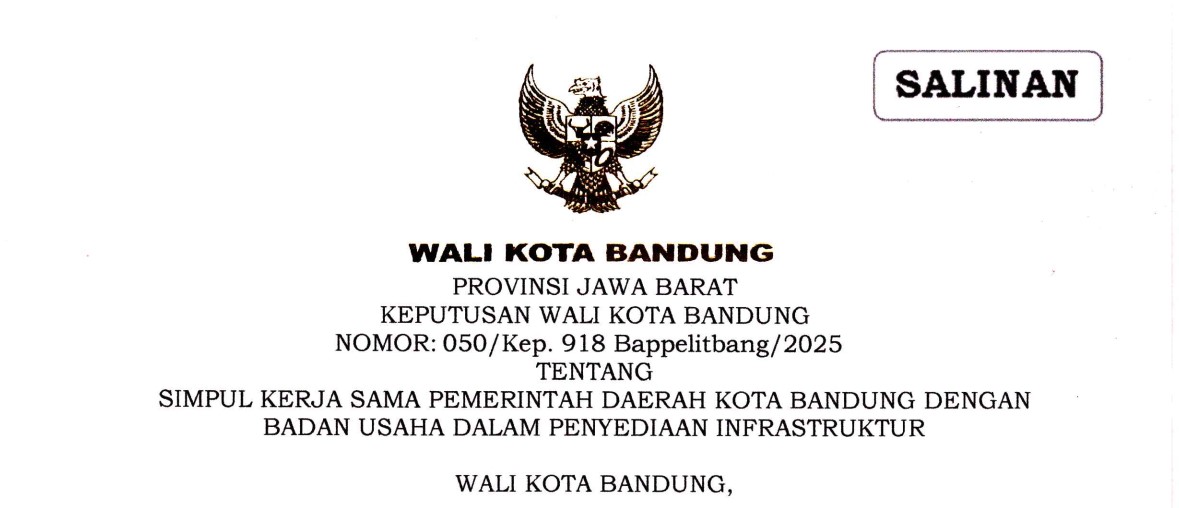 Cover Keputusan Wali Kota Bandug Nomor 050/Kep.918 Bappelitang/2025 tentang Simpul Kerja Sama Pemerintah Daerah Kota Bandung Dengan Badan Usaha Dalam Penyediaan Infrastruktur