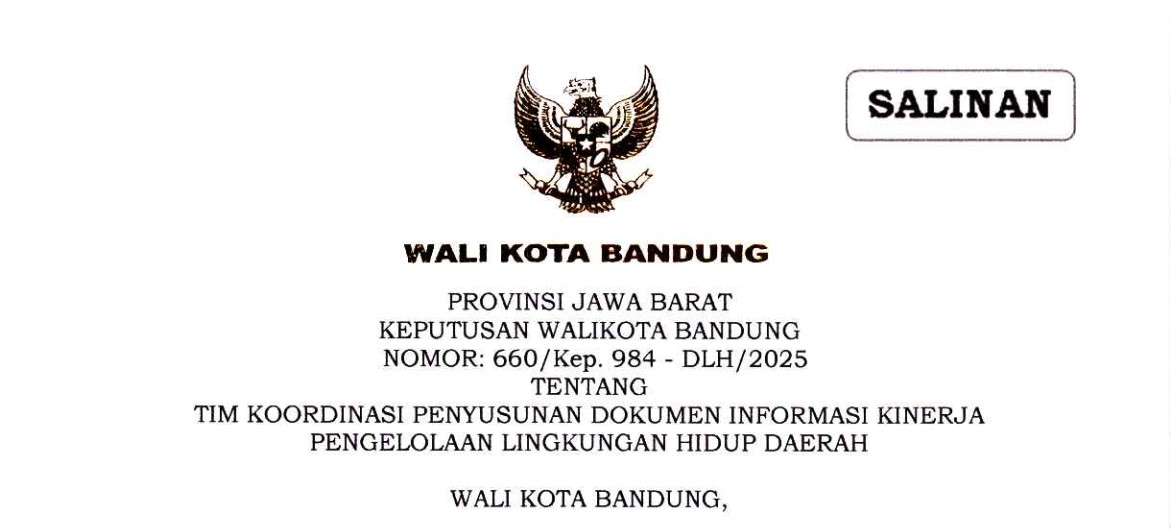 Cover Keputusan Wali Kota Bandung Nomor 660/Kep.984-DLH/2025 tentang Tim Koordinasi Penyusunan Dokumen Informasi Kinerja Pengelolaan Lingkungan Hidup Daerah
