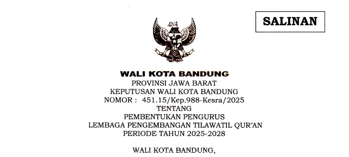 Cover Keputusan Wali Kota Bandung Nomor 451.15/Kep.998-Kesra/2025 tentang Pembentukan Pengurus Lembaga Pengembangan Tilawatil Qur'an Periode Tahun 2025-2028