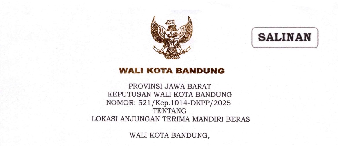 Cover Keputusan Wali Kota Bandung Nomor 521/Kep.1014-DKPP/2025 tentang Lokasi Anjungan Terima Mandiri Beras