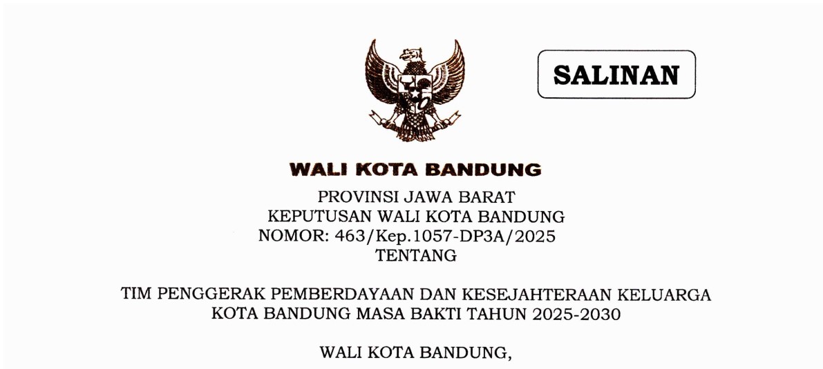 Cover Keputusan Wali Kota Bandung Nomor 463/Kep.1057-DP3A/2025 tentang Tim Penggerak Pemberdayaan Dan Kesejahteraan Keluarga Kota Bandung Masa Bakti Tahun 2025-2030