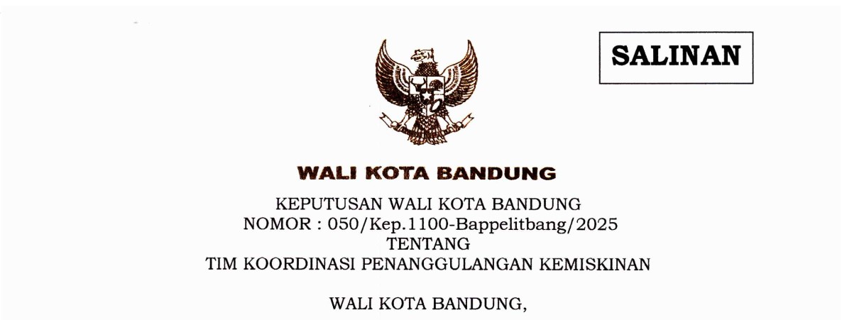 Cover Keputusan Wali Kota Bandung Nomor 080/Kep.1100-Bappelitbang/2025 tentang Tim Koordinasi Penanggulangan Kemiskinan