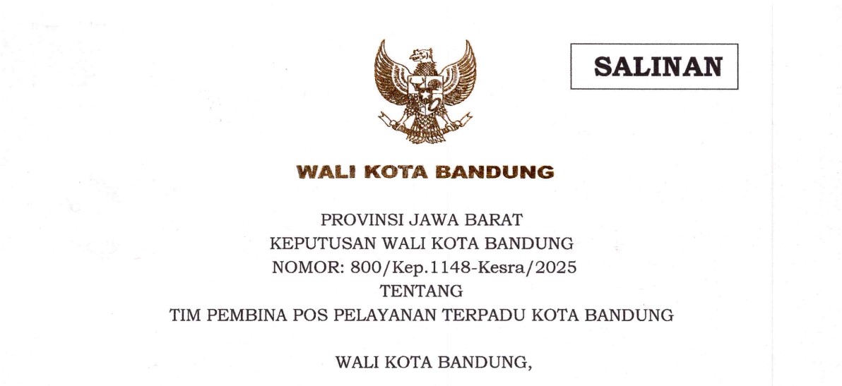 Cover Keputusan Wali Kota Bandung Nomor 800/Kep.1148-Kesra/2025 tentang Tim Pembina Pos Pelayanan Terpadu Kota Bandung