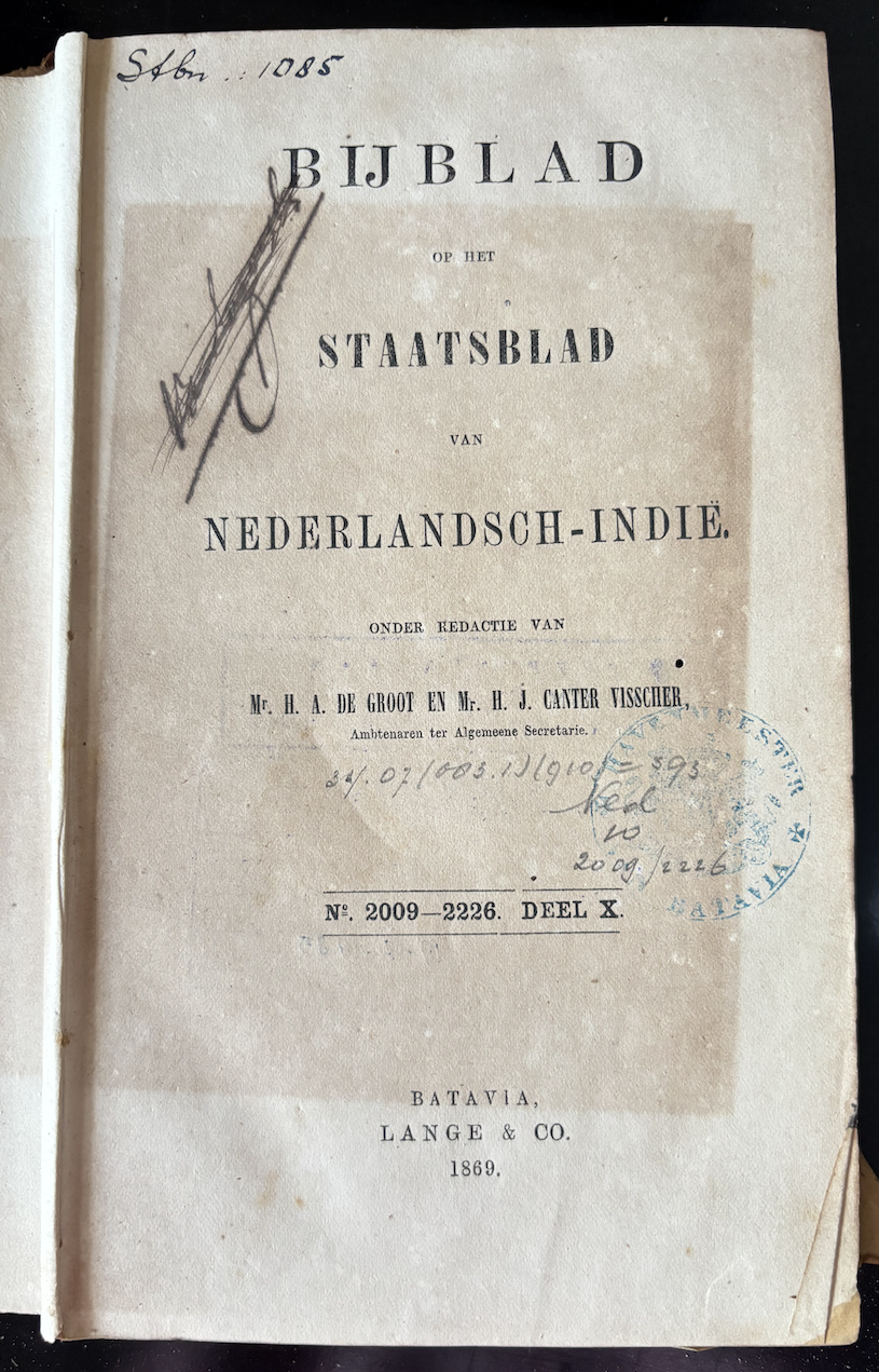 Cover Bijblad Staatsblad Van Neterlandsch-Indie 1869 No. 2009-2226