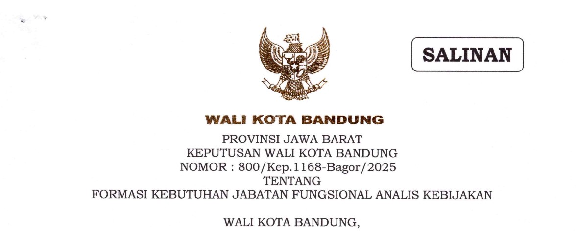 Cover Keputusan Wali Kota Bandung Nomor 800/Kep.1168-Bagor/2025 tentang Formasi Kebutuhan Jabatan Fungsional Analis kebijakan