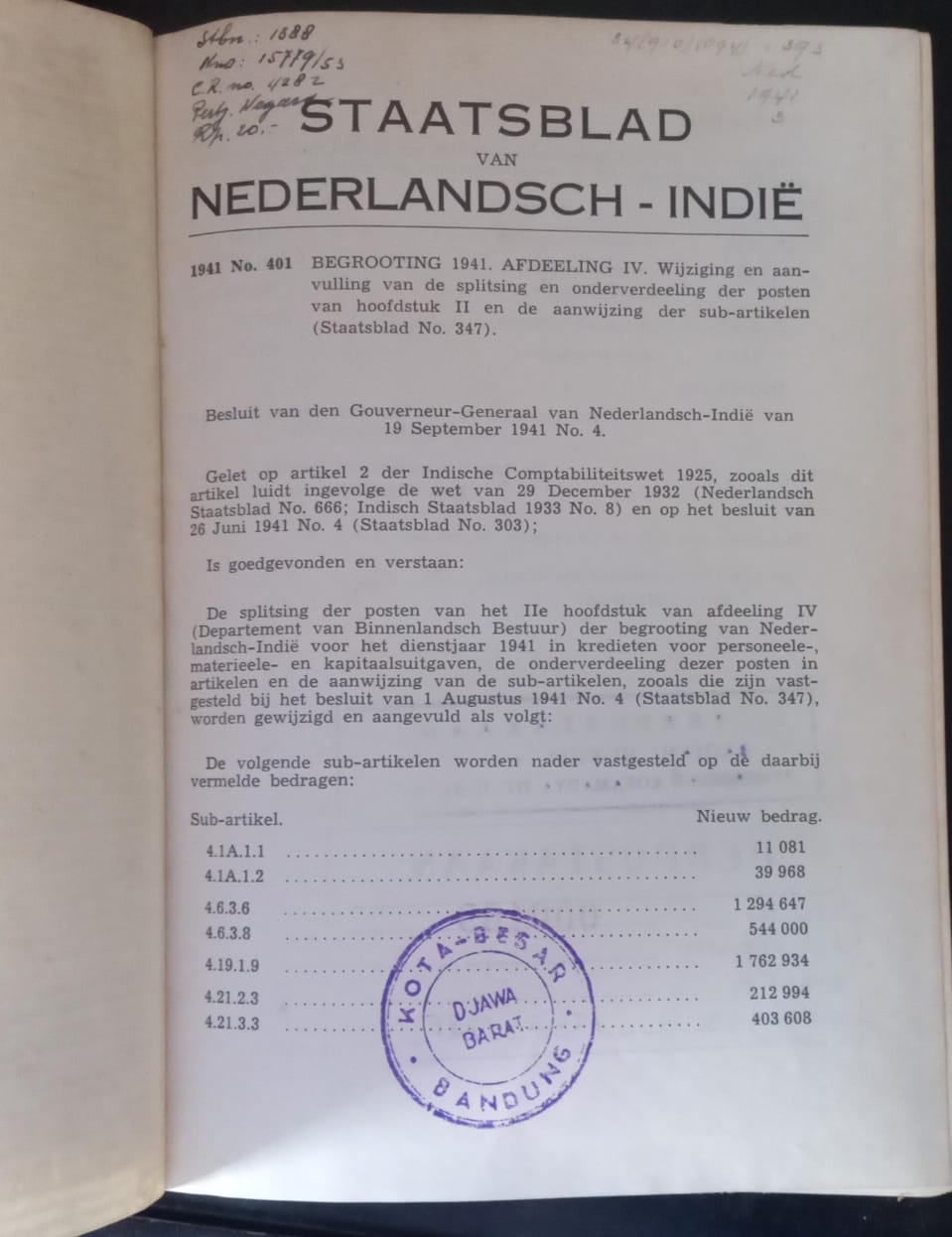 Cover Staatsblad Van Nederlandsch-Indie 1941
