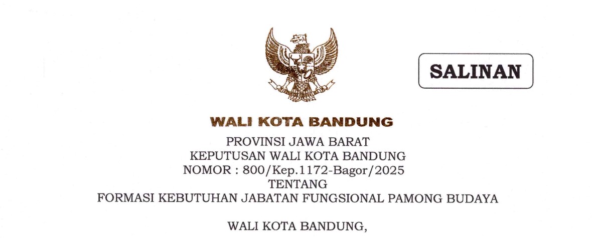 Cover Keputusan Wali Kota Bandung Nomor 800/Kep.1172-Bagor/2025 tentang Formasi Kebutuhan Jabatan Fungsional Pamong Budaya