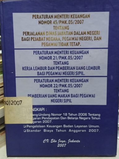 Cover Peraturan Menteri Keuangan Nomor 45/PMK0.5/2007 Tentang Perjalanan Dinas Jabatan dalam Negeri Bagi Pejabat Negara, Pegawai Negeri, dan Pegawai Tidak Tetap.