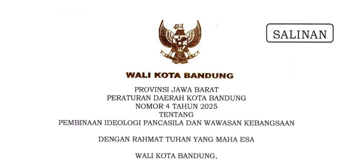 Cover Peraturan Daerah Kota Bandung Nomor 4 Tahun 2025 tentang Pembinaan Ideologi Pancasila Dan Wawasan Kebangsaan