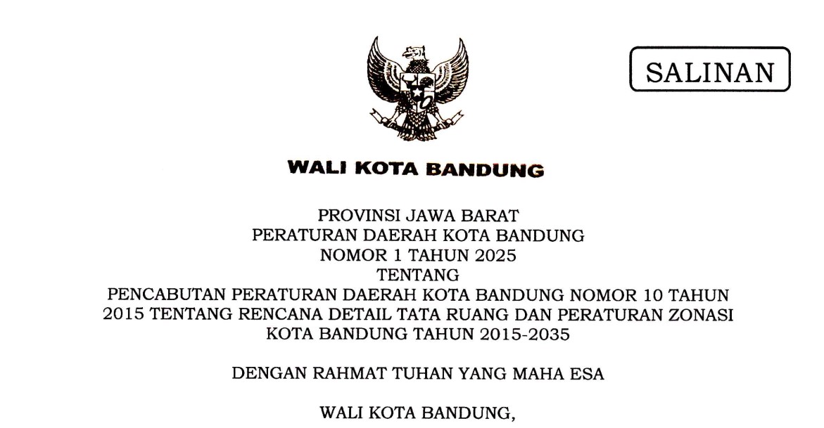 Cover Peraturan Daerah Kota Bandung Nomor 1 Tahun 2025 tentang Pencabutan Peraturan Daerah Kota Bandung Nomor 10 Tahun 2015 Tentang Rencana Detail Tata Ruang Dan Peraturan Zonasi Kota Bandung Tahun 2015-2035