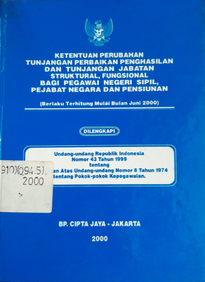 Cover Ketentuan Perubahan Tunjangan Perbaikan Penghasilan dan Tunjangan Jabatan Struktural, Fungsional Bagi Pegawai Negeri Sipil, Pejabat Negara dan Pengsiunan (Mulai Berlaku Mulai Bulan Juni 2000)