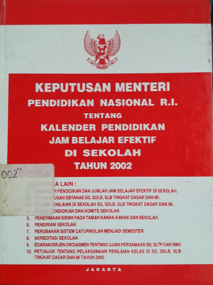 Cover Keputusan Menteri Pendidikan Nasional R.I. Tentang Kalender Pendidikan Jam Belajar Efektik di Sekolah tahun 2002