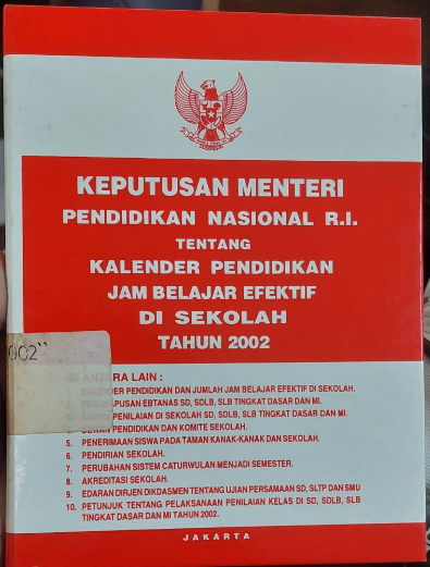 Cover Keputusan Menteri Pendidikan nasional R.I. tentang kalender Pendidikan jam belajar efektif di sekolah tahun 2002