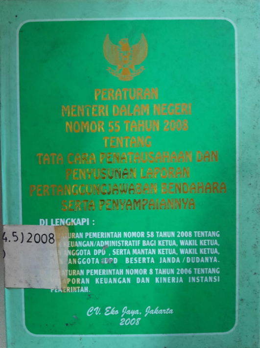 Cover Peraturan Menteri Dalam Negeri Nomor 55 Tahun 2008 Tentang Tata Cara Penatausahaan dan penyusunan Laporan Pertangungjawaban Bendahara Serta penyampaiannya