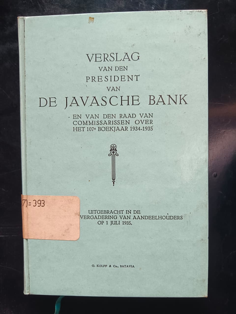 Cover Verslag Van Den President Van De Javasche Bank 
En Van Den Raad Van Commissarissen Over Het 107 Boekjaar 1934-1935
Uitgebracht In De Algemeene Vergadering Van Aandeelhouders Op 1 Juli 1935