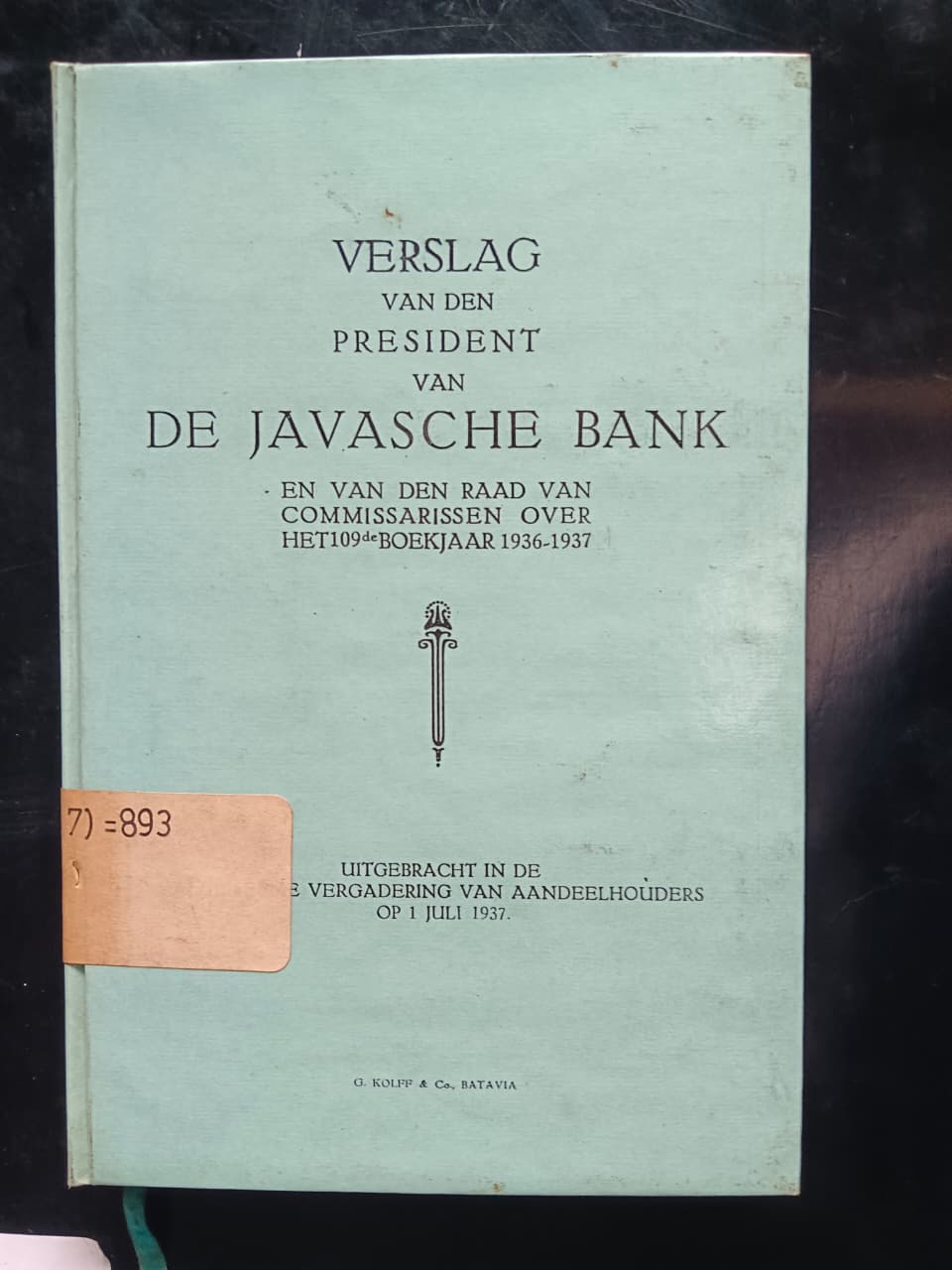 Cover Verslag Van Den President Van De Javasche Bank 
En Van Den Raad Van Commissarissen Over Het 109 Boekjaar 1936-1937
Uitgebracht In De Algemeene Vergadering Van Aandeelhouders Op 1 Juli 1937