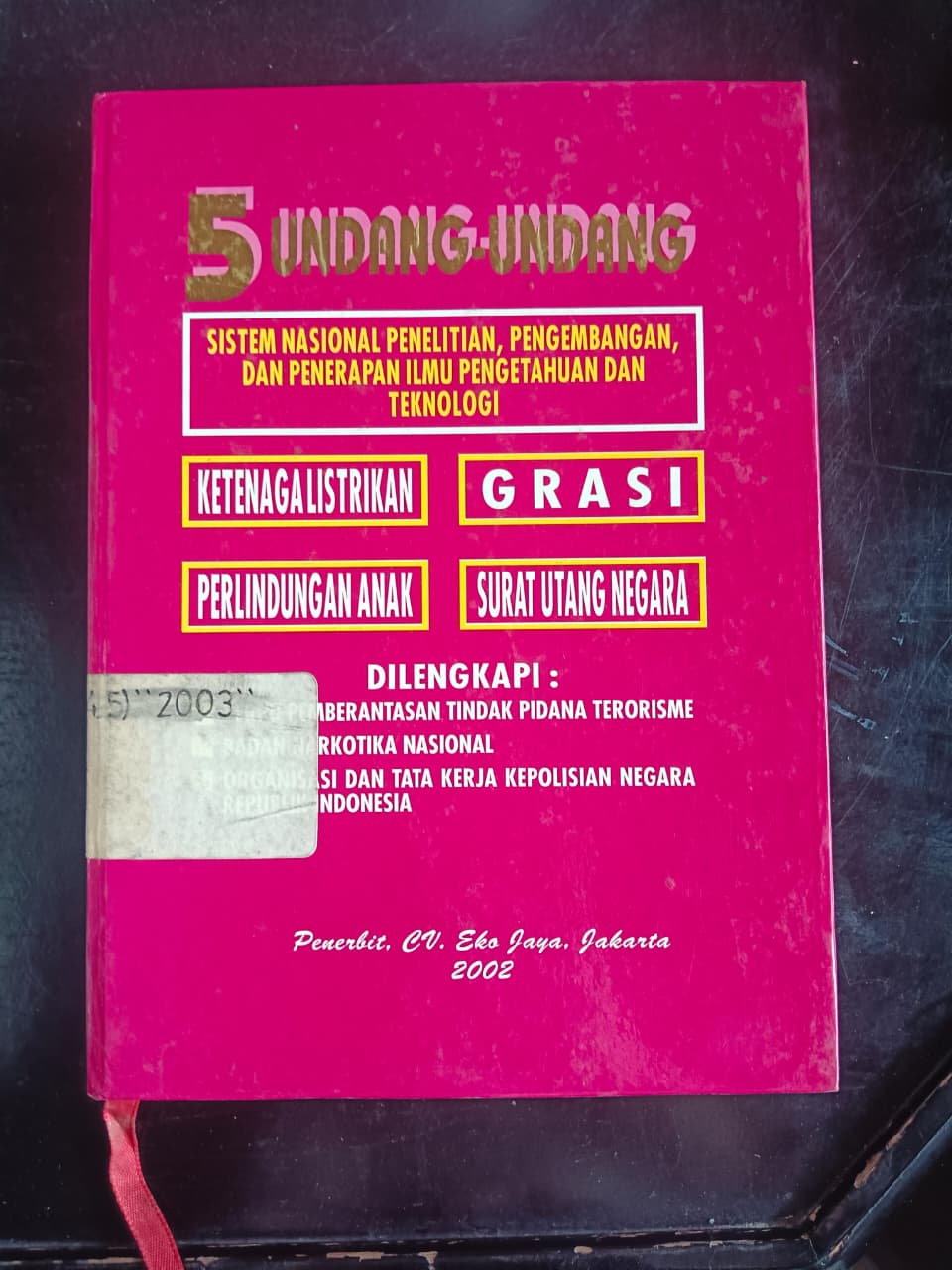Cover 5 Undang-Undang Sistem Nasional Penelitian, Pengembangan, Dan Penerapan Ilmu Pengetahuan Dan Teknologi
Ketenaga Listrikan 
Grasi
Perlindungan Anak
Surat Utang Negara