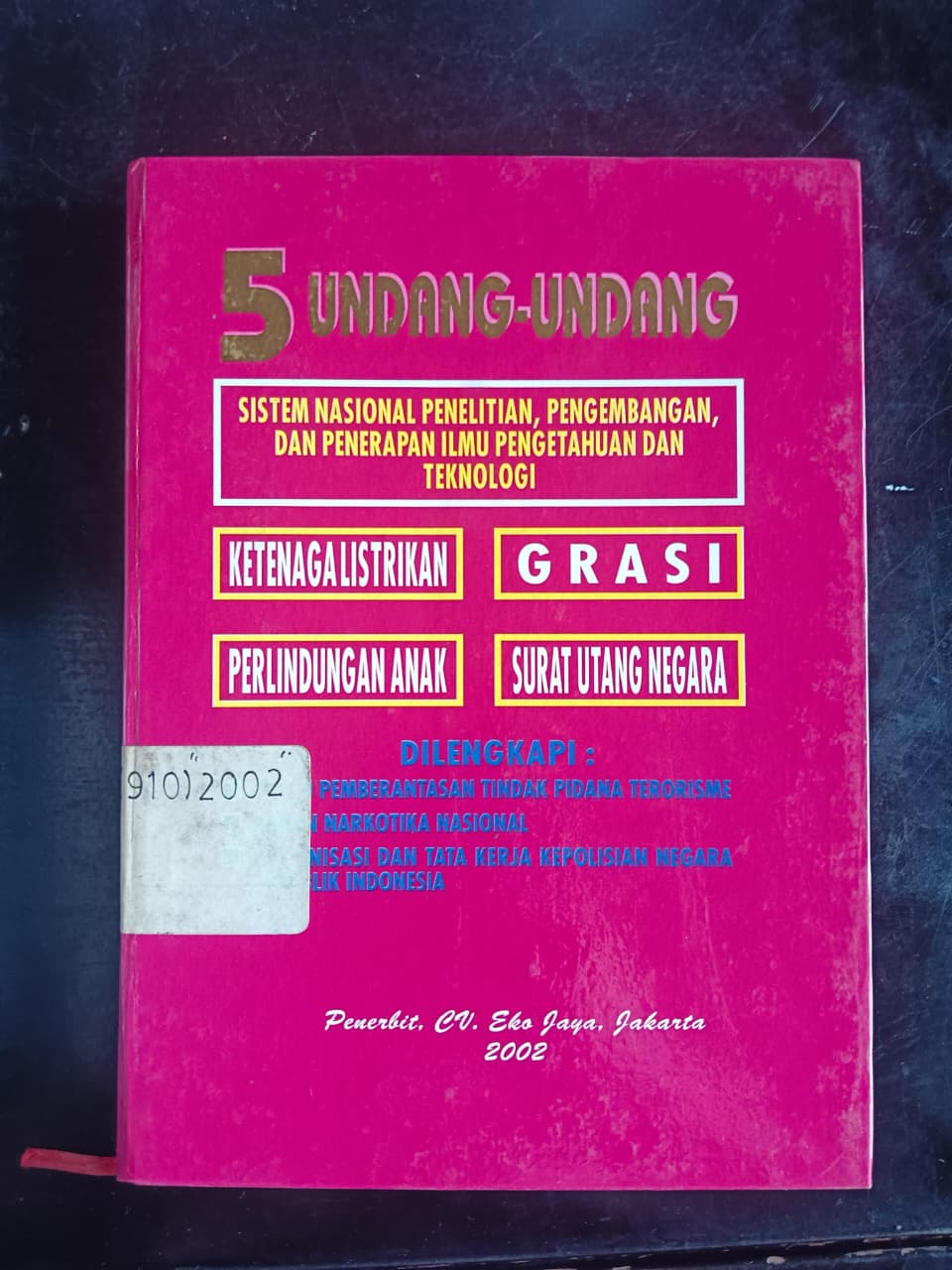 Cover 5 Undang-Undang Sistem Nasional Penelitian, Pengembangan, Dan Penerapan Ilmu Pengetahuan Dan Teknologi
Ketenaga Listrikan 
Grasi
Perlindungan Anak
Surat Utang Negara