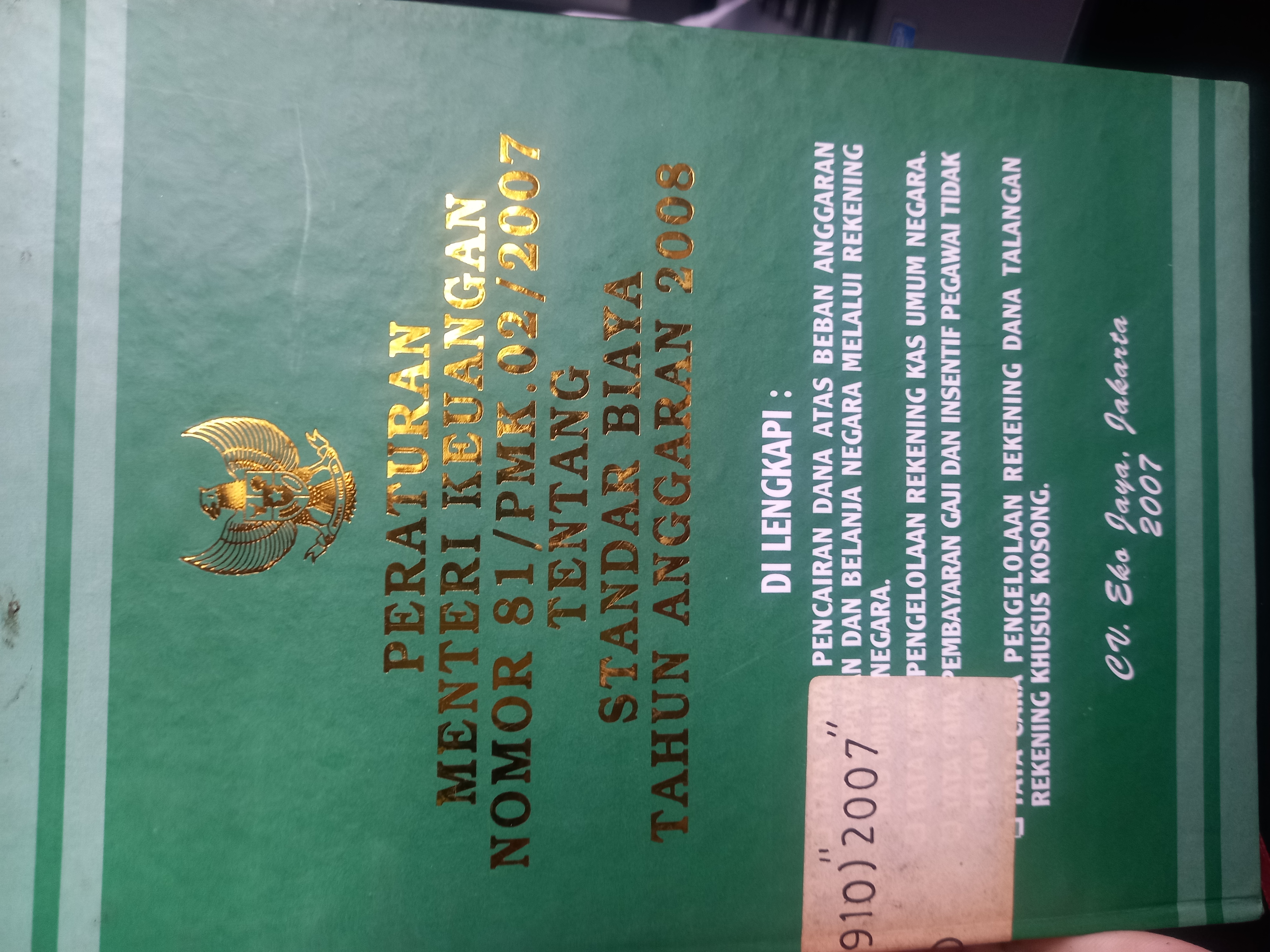 Cover Peraturan Menteri Keuangan Nomor 81/PMK.02/2007 Tentang Standar Biaya Tahun Anggaran 2008