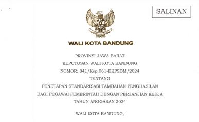 Cover Keputusan Wali Kota Bandung Nomor 841/Kep.061-BKPSDM/2024 tentang Penetapan Standarisasi Tambahan Penghasilan Bagi Pegawai Pemerintah dengan Perjanjian Kerja Tahun Anggaran 2024