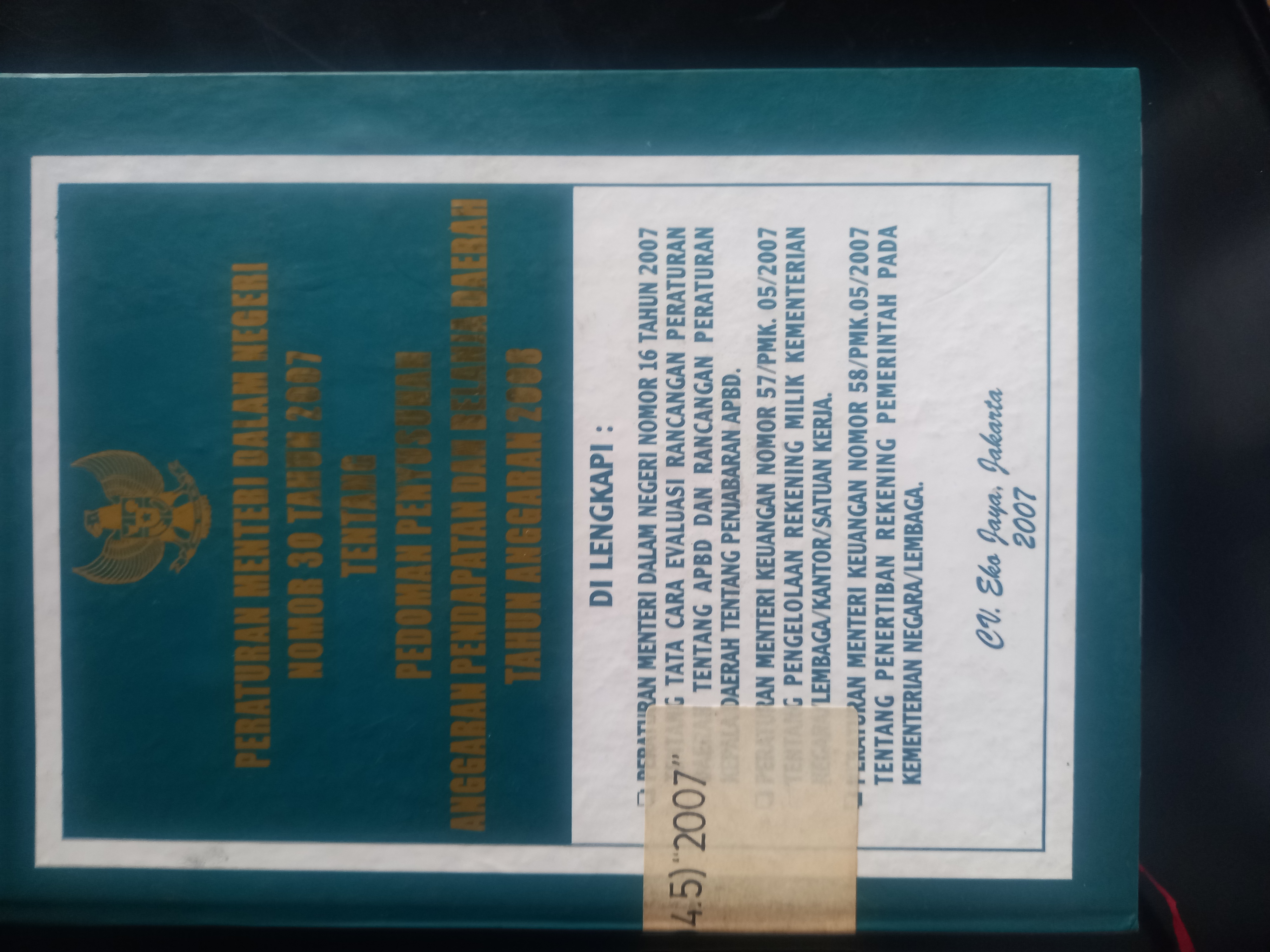 Cover Peraturan Menteri Dalam Negeri Nomor 30 Tahun 2007 Tentang Pedoman Penyusunan Anggaran Pendapatan Dan Belanja Daerah Tahun Anggaran 2008